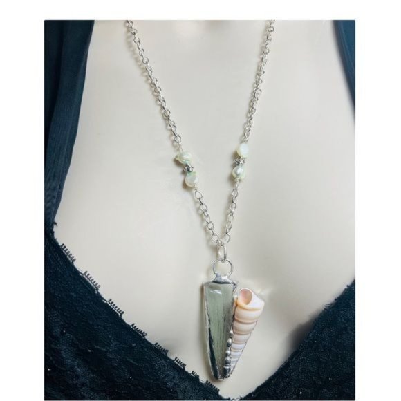 Sea Glass & Conch Pendant w/ Artisan Silver Blend Metalwork & Freshwater Pearls - Picture 10 of 13